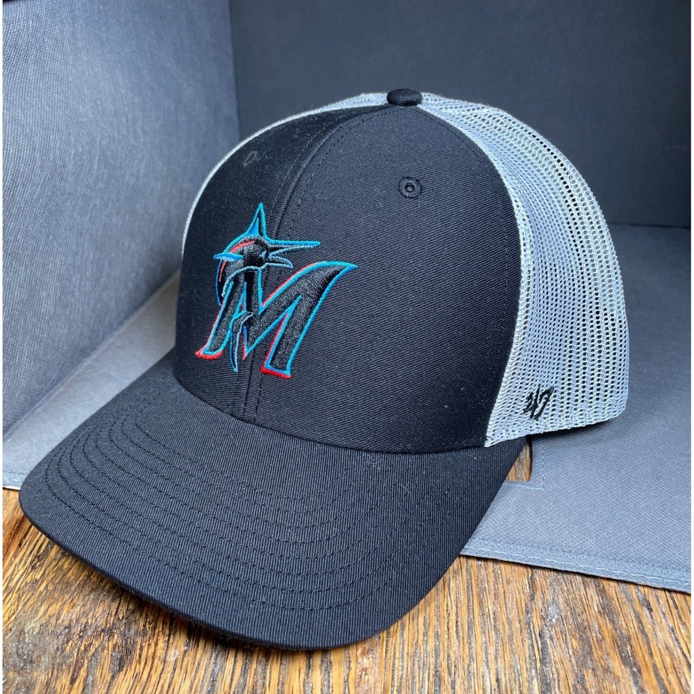 47 Brand Miami‎ Marlins MLB Trucker Hat Black White Mesh Snapback Cap OSFA